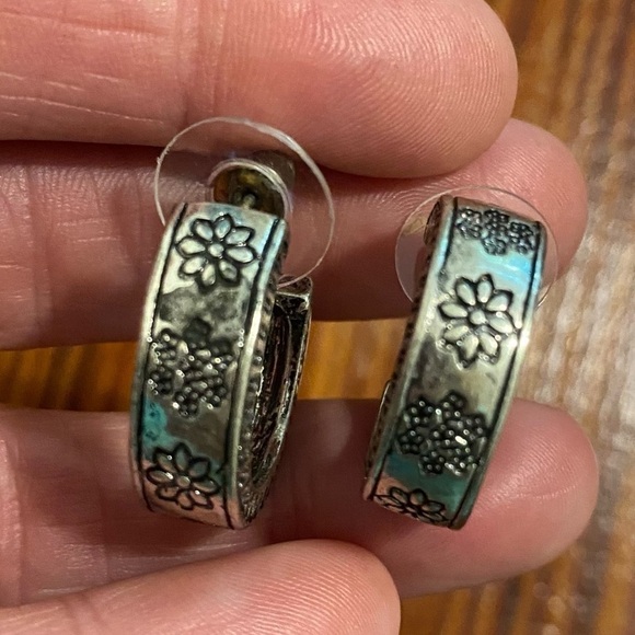 Silver Tone Floral Print Hoops - Picture 6 of 9